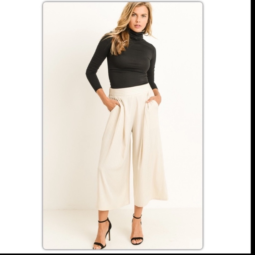 Women's Cream Wide-Leg Pinstripe Pants